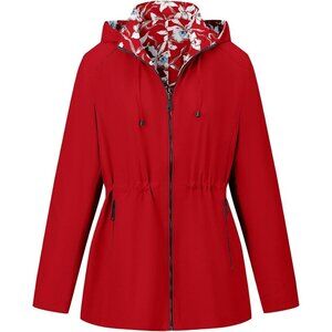 Women's Windbreaker Lightweight Casual D-Red Floral Print Hood Jacket Coat